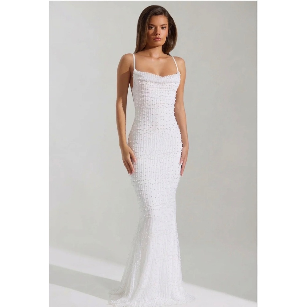Oh Polly White Pearl Sequin Cowl Neck Open Back Maxi Dress 14479 Batch A Size 8